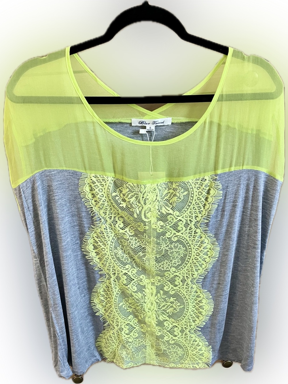 Blue Tassel Women’s Neon Yellow/Chartreuse & Gray Lace-Accent Blouse